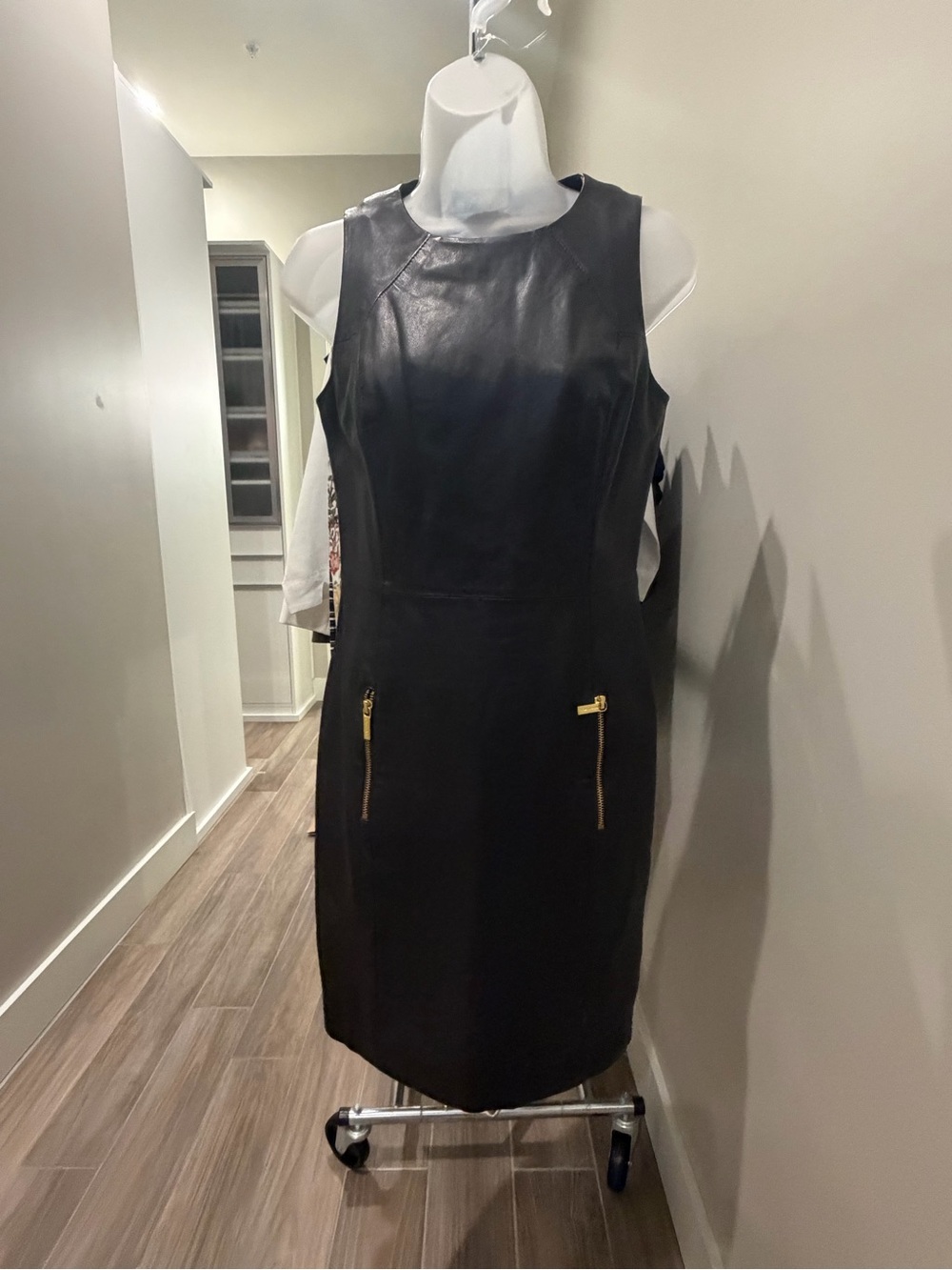 Michael Kors Deep Chocolate Leather Sheath Dress with Gold Zipper Accents NWOT